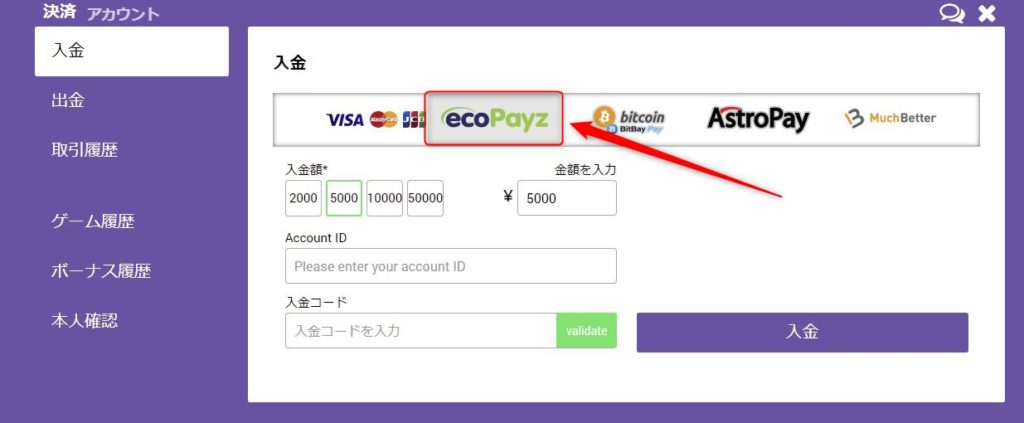 「決済」→「入金」で「ecoPayz」を選択