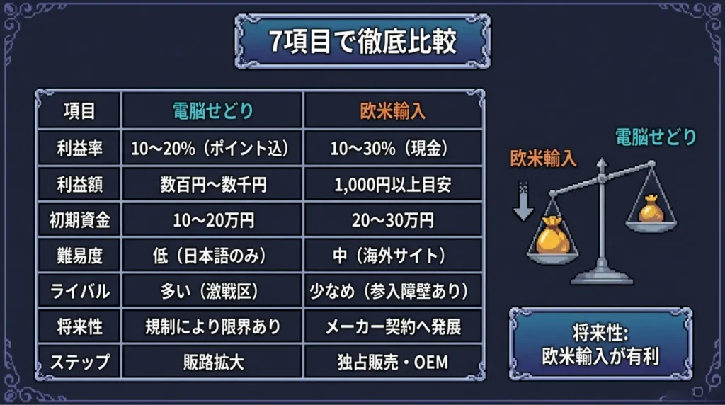 電脳せどりと欧米輸入の違いを一覧で比較