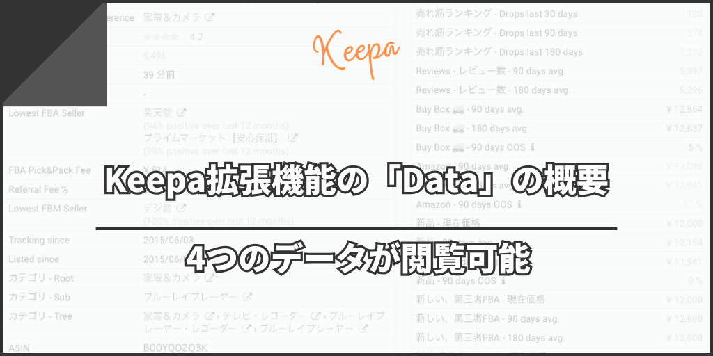 Keepa拡張機能の「Data」の概要【4つのデータが閲覧可能】