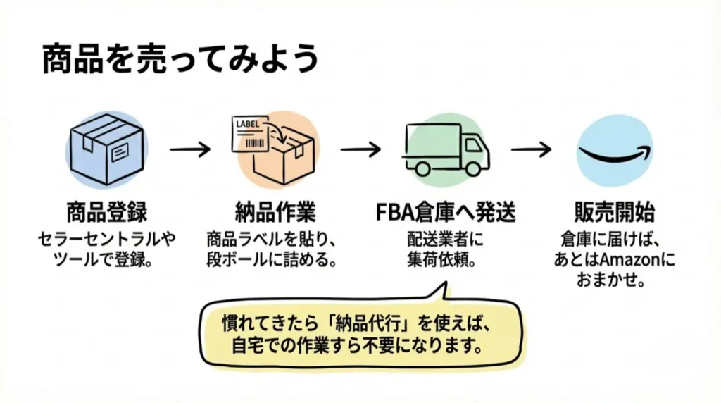 仕入れた商品を売ってみよう