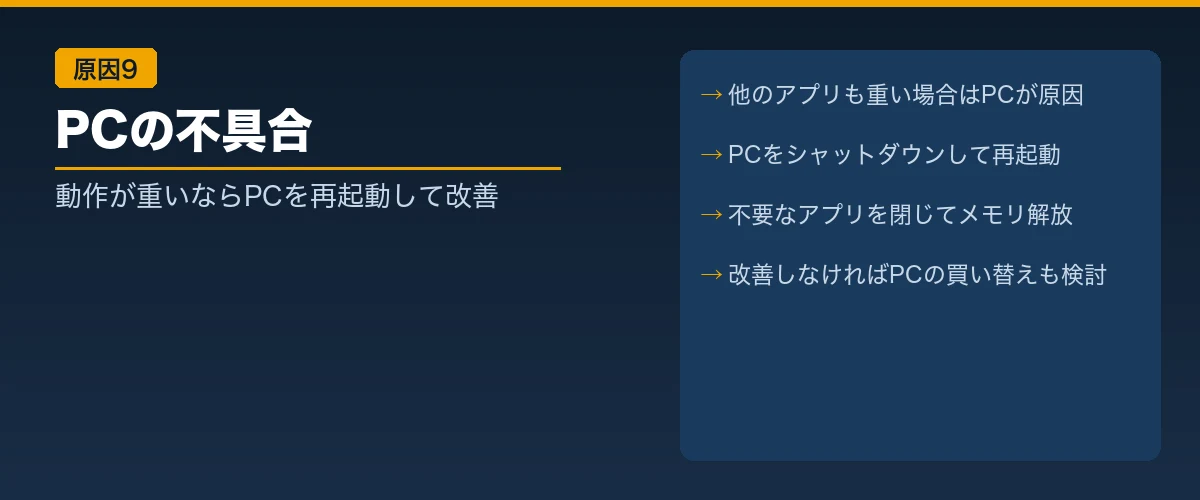 【原因9】PCの不具合|動作が重いなら再起動を