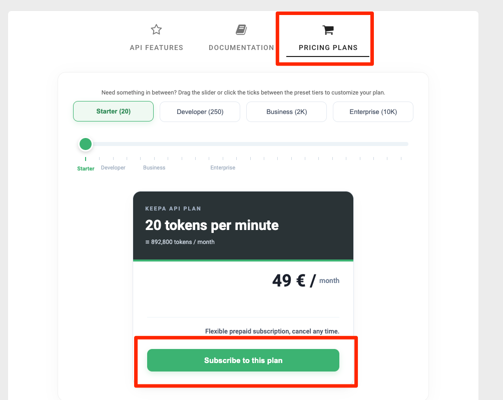 KeepaのPRICING PLANSタブでStarterプランを選び「Subscribe to this plan」を押す画面
