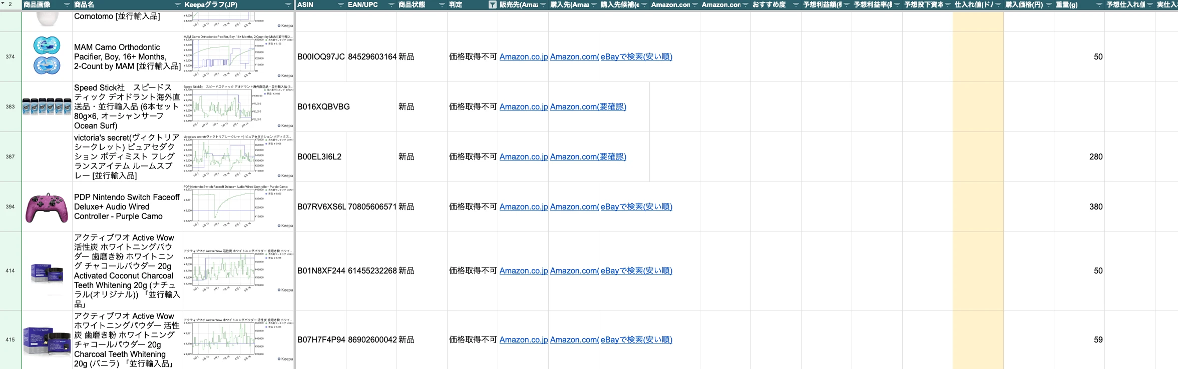 価格取得不可のみに絞り込んだリサーチシート