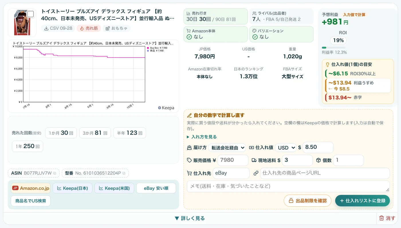 カードに仕入れ値と送料を入れると予想利益が出る
